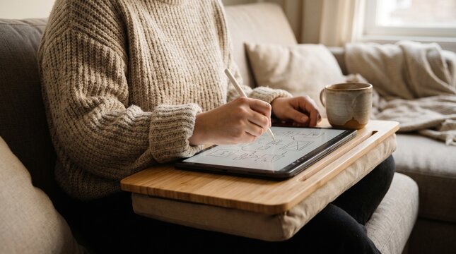 Person using stylus on tablet for digital design sketching on lap desk with coffee mug on couch