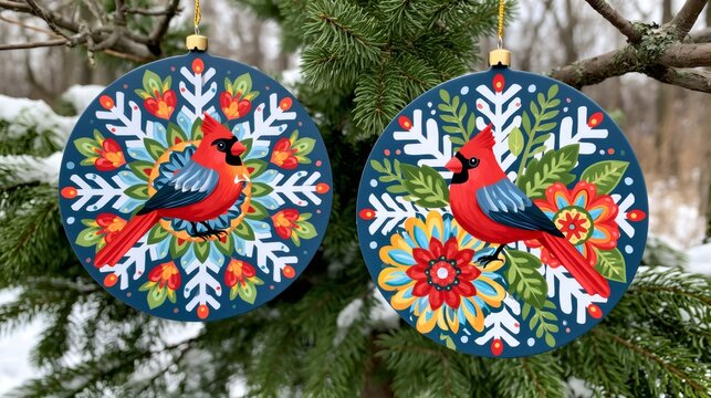Cardinal bird ornaments with floral snowflake patterns hanging on winter evergreens