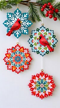 Christmas snowflake ornaments with red cardinals and evergreen branches