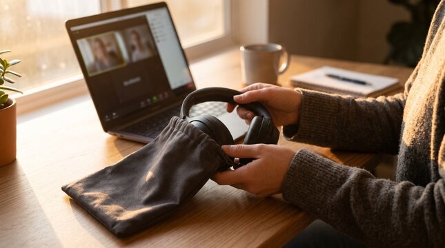 Person putting headphones into a protective pouch during a video conference call on a laptop