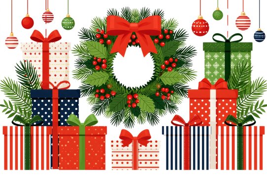 Christmas wreath and gifts celebrating holiday season