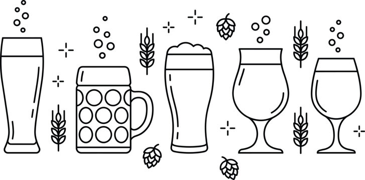 Craft beer glassware varieties vector line icons for pub menu concepts