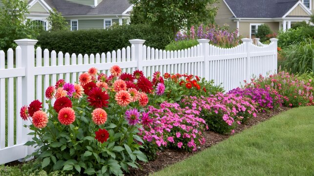Dahlias and pink flowers beside a white picket fence in a suburban garden