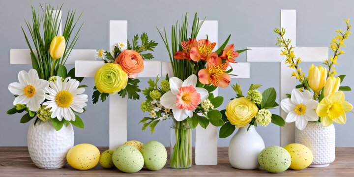 Easter crosses with spring flowers and speckled eggs
