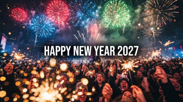 Happy New Year Happy New Year 2027 celebration with crowds of joyful people watching vibrant fireworks display in night sky above city skyline 2027