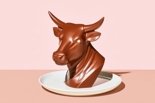 Glossy chocolate bull head sculpture with curved horns on white ceramic plate against pastel pink background, creative confectionery art concept