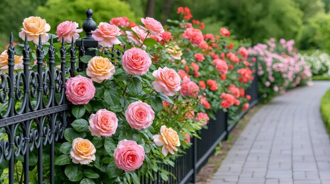 Blooming roses along garden path with ornate fence