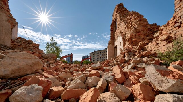 Demolition site showing rubble, bricks and excavators under sun
