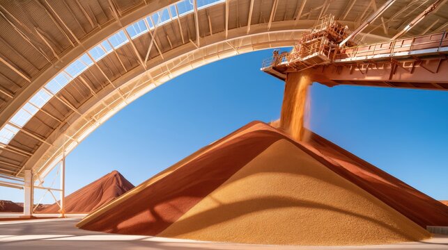 Orange conveyor pouring pellets onto giant iron ore stockpile inside curved metal shed storage facility