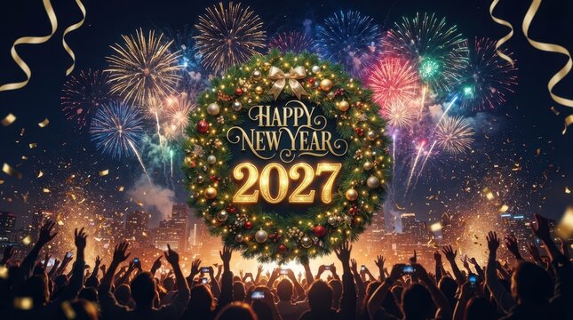 Happy New Year Happy New Year 2027 decorative holiday wreath with golden ribbon and fireworks illuminating cheering crowd at midnight party 2027