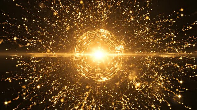 Golden particle explosion radiating light in deep dark space background