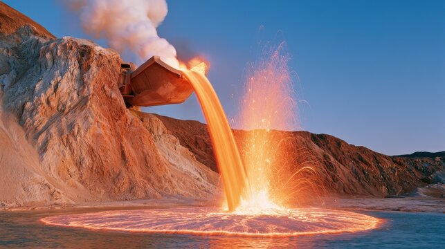 Twilight industrial site with ladle pouring molten slag into water, creating sparks and steam plume, metal manufacturing process