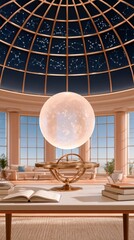 Fototapeta premium Golden armillary sphere with glowing translucent orb, cosmic study room, celestial navigation instrument