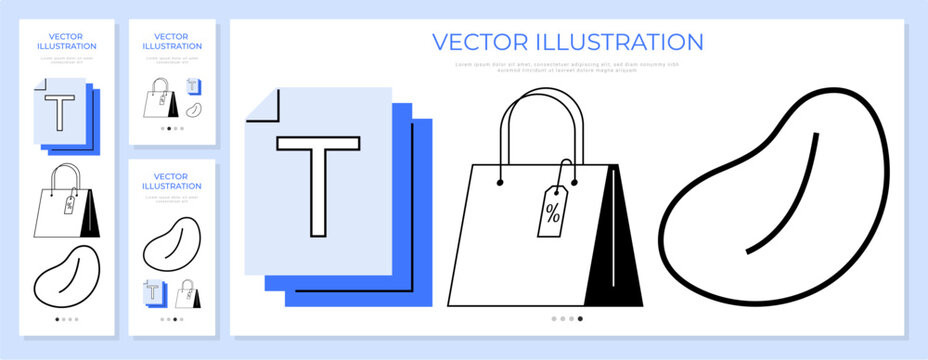 Minimalist vector illustration set typography shopping bag and abstract shape icons for web landing page banner. E-commerce, branding, graphic design, retail, marketing, creative assets. Line art