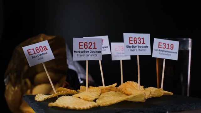 Potato chips rotate on black slate with E160a, E627, E621, E330, E631 and E319 markers beside a drink and open chip package. Ingredient awareness concept