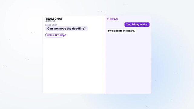 Digital Team Chat Interface Animation Showing Threaded Reply Feature for Project Management Communication