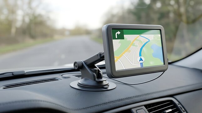 A portable gps navigation device mounted on the dashboard of a car during a road trip drive