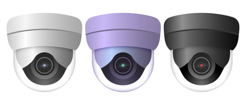 Three dome security cameras in gray, purple, and black color. Digital vector illustration isolated on white background. Surveillance and monitoring concept for banners, posters, and design templates