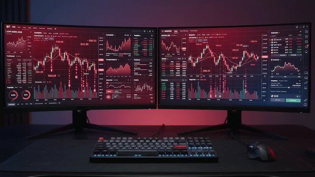Dual Monitor Setup for Stock Trading: Two large curved monitors display complex stock market charts and graphs in red and black, set against a dark desk with a keyboard and mouse.