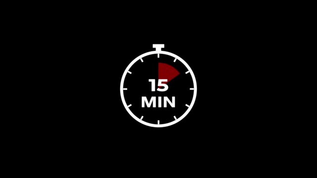 15 minute countdown timer animation.Minimalist stopwatch for presentations and productivity tracking.Analog clock 15 minutes on black background.