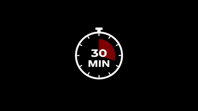 30 minute countdown timer animation.Minimalist stopwatch for presentations and productivity tracking.Circle arrow refresh icon with 30 min timer icon animation.