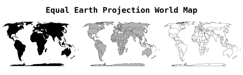 equal earth projection world map set, isolated country borders silhouette and outline geography illustration © Zissad