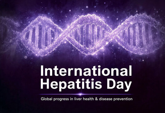 Illustrative graphic showing International Hepatitis Day with DNA helix and liver health awareness message