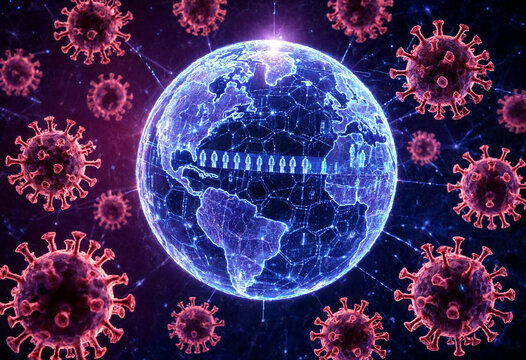 Illustration of virus particles surrounding a glowing digital world map representing global pandemic