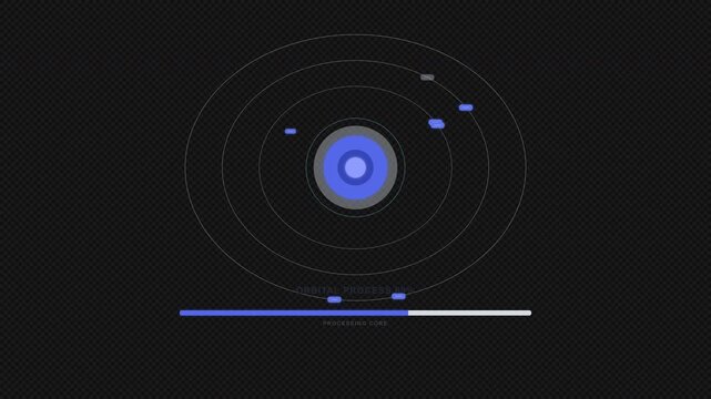 Abstract orbital loading system showing digital processing units moving along multiple orbital paths before being captured into a central processing core. Each orbital unit follows a controlled orbit,