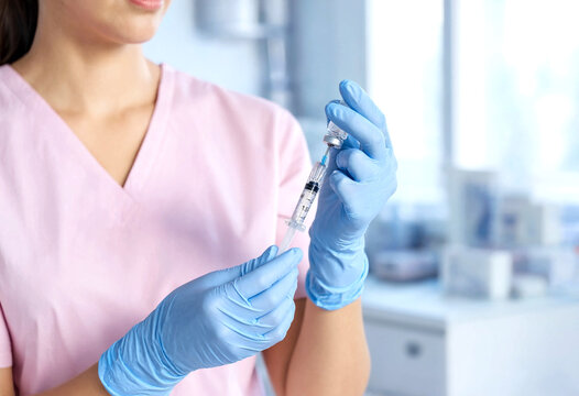 Medical professional preparing syringe with vaccine in clinical healthcare setting environment
