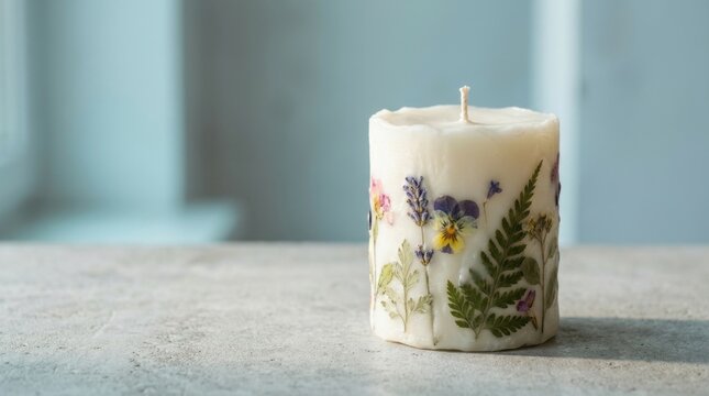 Candle with pressed flowers and herbs for romantic home decor and natural ambiance.