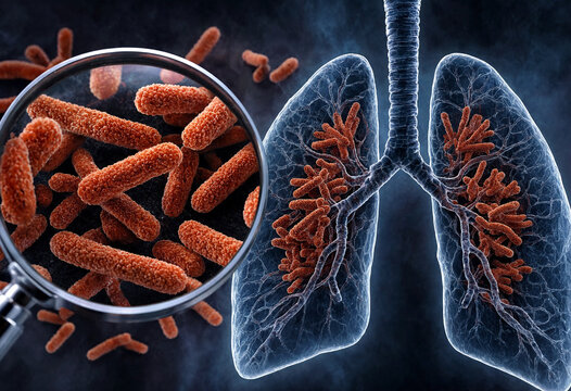 Microscopic bacteria illustration inside detailed human lungs medical visualization showing infection