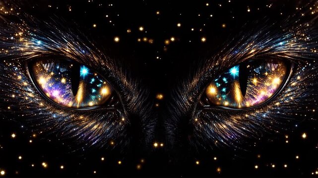 Mystical Black Cat Eyes Glowing with Golden and Blue Cosmic Sparkles, Magical Galaxy Reflections and Shimmering Light Particles on Dark Background, Fantasy Animation