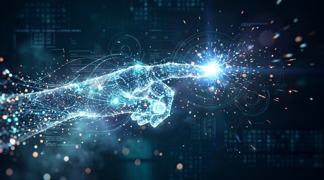 Glowing digital hand pointing with index finger. Glowing particle light effect and bright light burst concept. Future technology banner