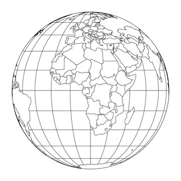 Earth globe with World map land and oceans focused on Africa. Thin black outline theme. Thick meridians and parallels as latitude and longitude grid and country borders. Vector illustration