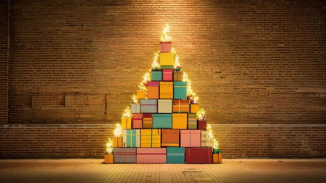 A large display of colorful gifts stacked to resemble a Christmas