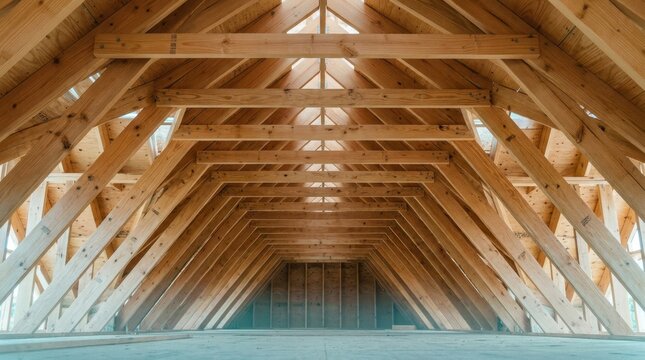 Interior view of wooden roof rafters and beams in attic construction framing.