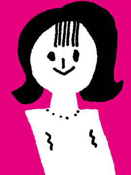 Hand drawn loose illustration of a woman with black bob hair on pink background
