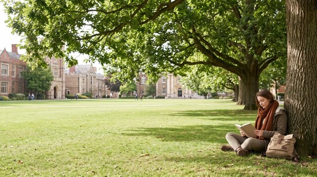 Studying female student reading book against tree on campus