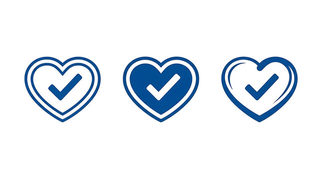 Set of blue heart icons with check marks