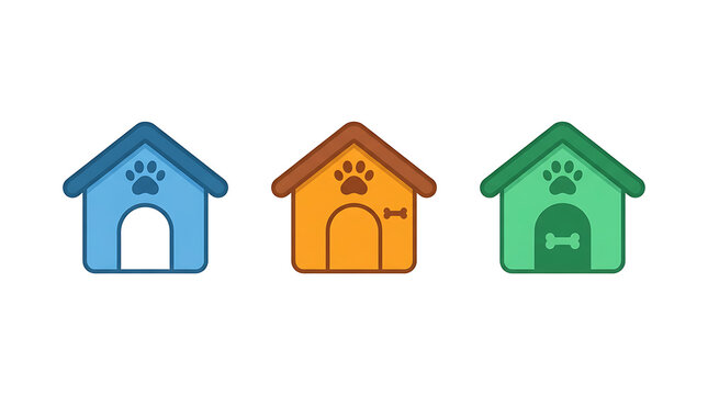 Three colorful pixel art dog house icons