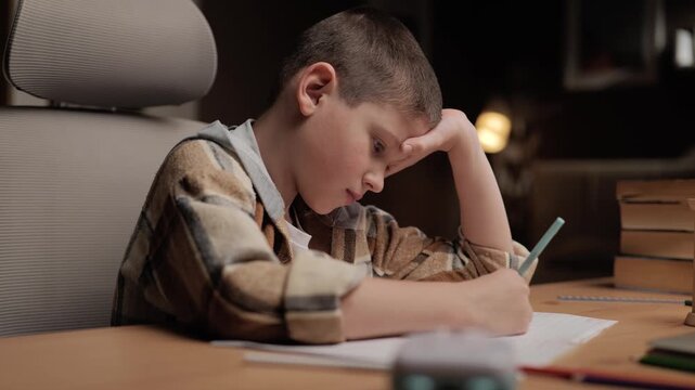 Thoughtful tired boy resting head on hand while doing homework. Fatigue concentration studying academic stress concept