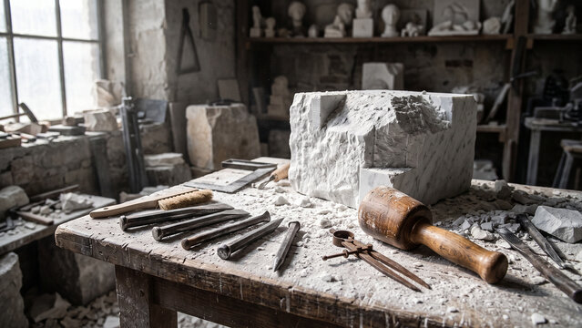 Classical stone sculptor workshop workbench with rough-hewn white marble block, forged steel chisels, wooden mallet, and marble dust