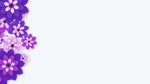 Elegant layered purple and pink flowers arranged as a vertical decorative border with smooth visible rotational motion on a clean light background. The large negative space is suitable for beauty, fas