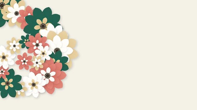 Premium animated floral background featuring layered emerald, champagne, coral, and cream flowers arranged along an elegant open spiral at the left edge. A visible rotational wave travels from the out