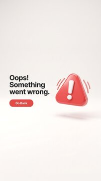3D red warning triangle with exclamation mark and "Oops! Something went wrong" text. Minimalist website error message UI template with red Go Back button on white background.