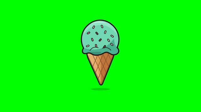 Premium high-detail hand-drawn vector illustration of a creamy mint ice cream scoop with colorful sprinkles on a textured golden waffle cone, featuring layered shading, organic contour details, gentle
