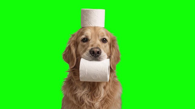 Funny golden retriever dog balancing a toilet paper roll on its head and holding another roll in its mouth against a bright green screen background, humorous pet hygiene and bathroom concept