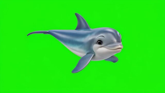 Cute smiling blue cartoon dolphin swimming with playful expression and big friendly eyes on bright green screen background, adorable 3D animated marine animal character for children