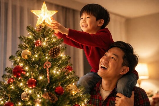 Father and son decorating tree